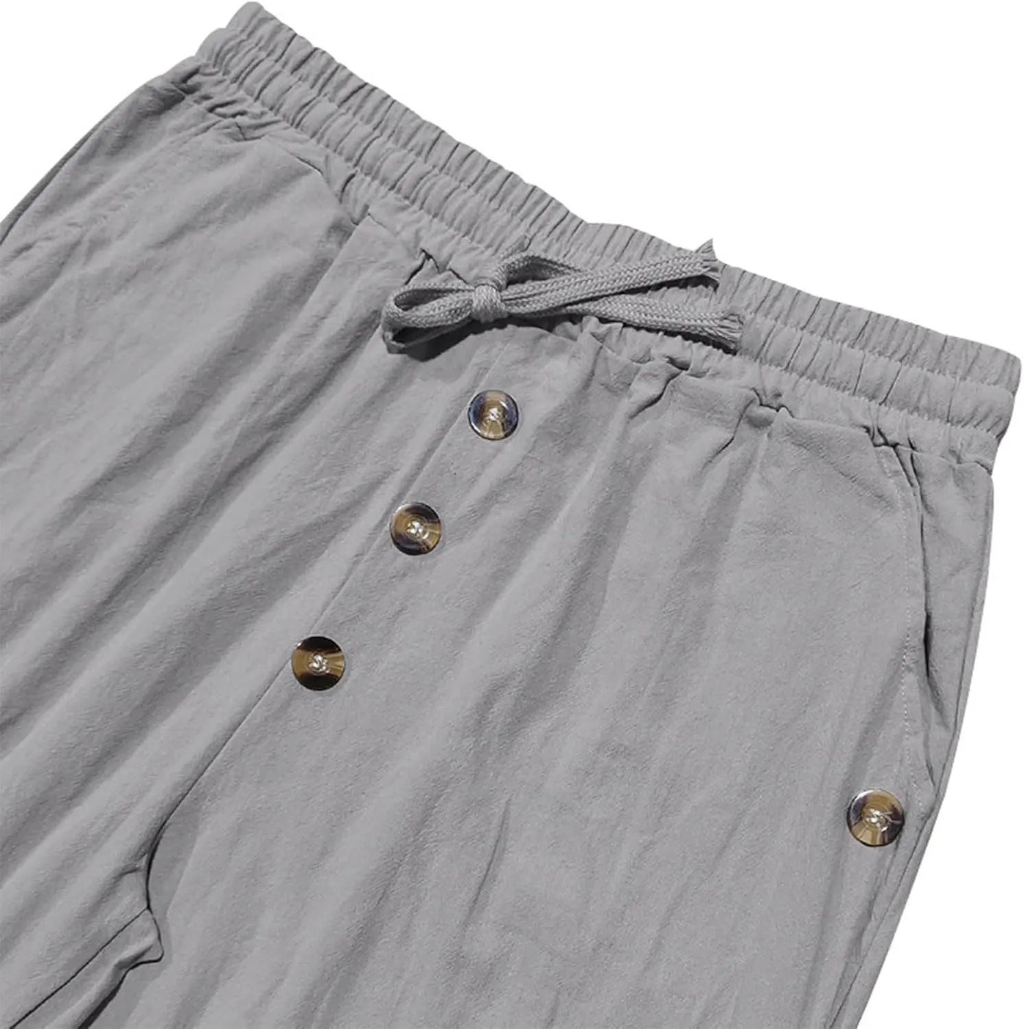 Mens Casual Linen Pants Drawstring Button Flat Front Elastic Waist Straight Summer Lightweight Comfy Beach Pants