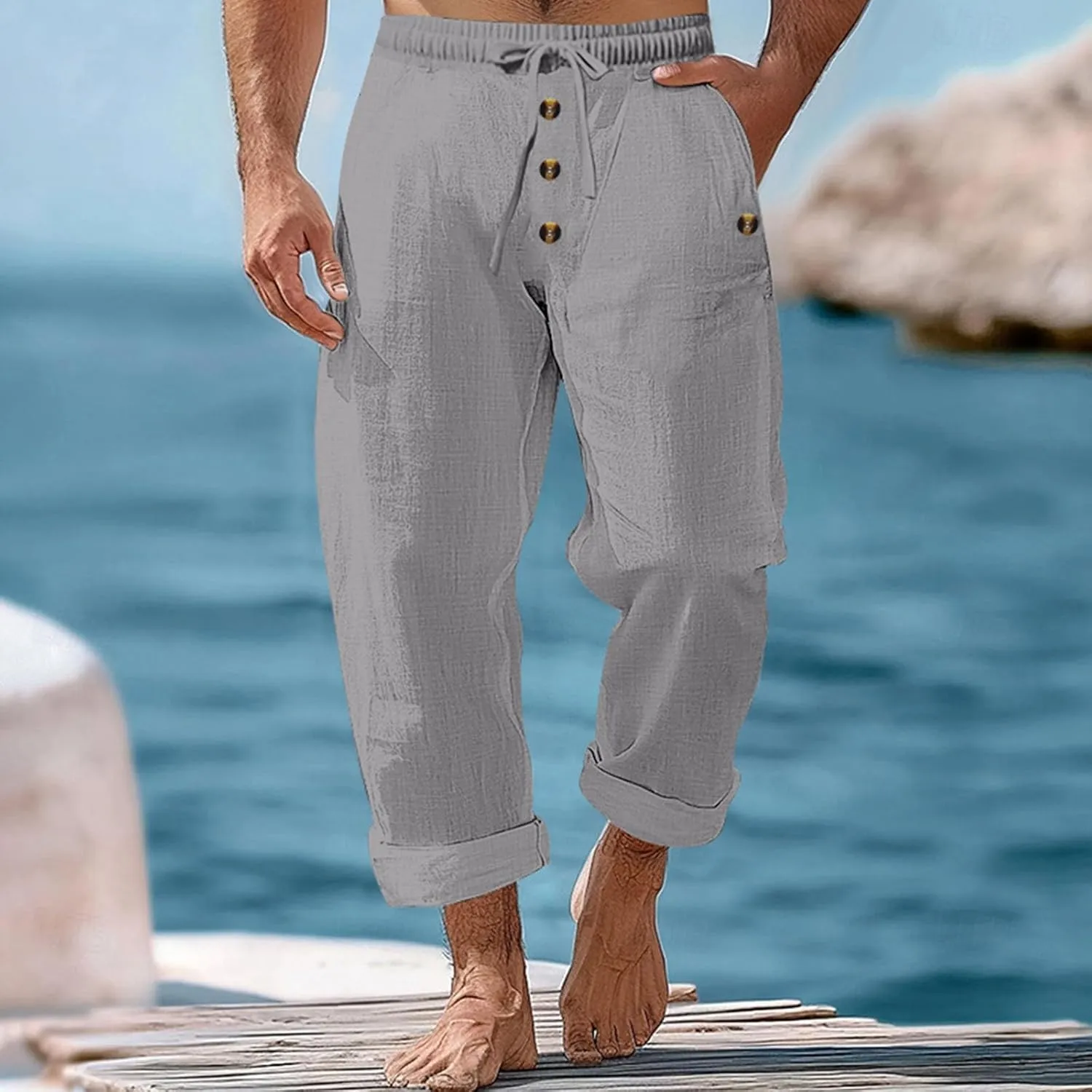 Mens Casual Linen Pants Drawstring Button Flat Front Elastic Waist Straight Summer Lightweight Comfy Beach Pants
