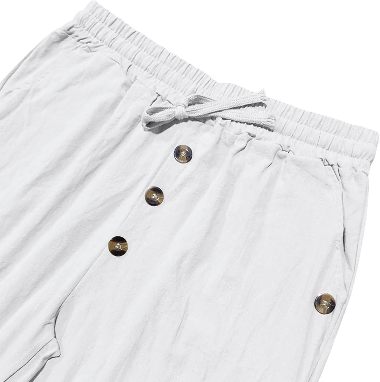 Mens Casual Linen Pants Drawstring Button Flat Front Elastic Waist Straight Summer Lightweight Comfy Beach Pants
