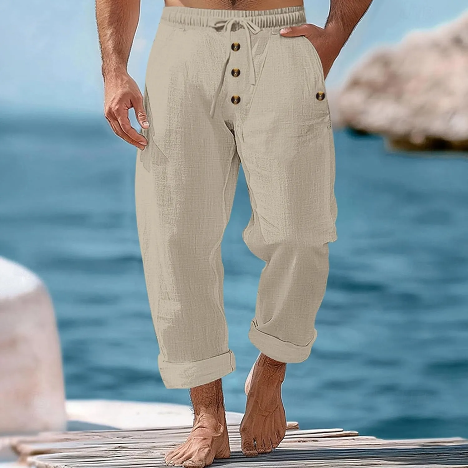 Mens Casual Linen Pants Drawstring Button Flat Front Elastic Waist Straight Summer Lightweight Comfy Beach Pants
