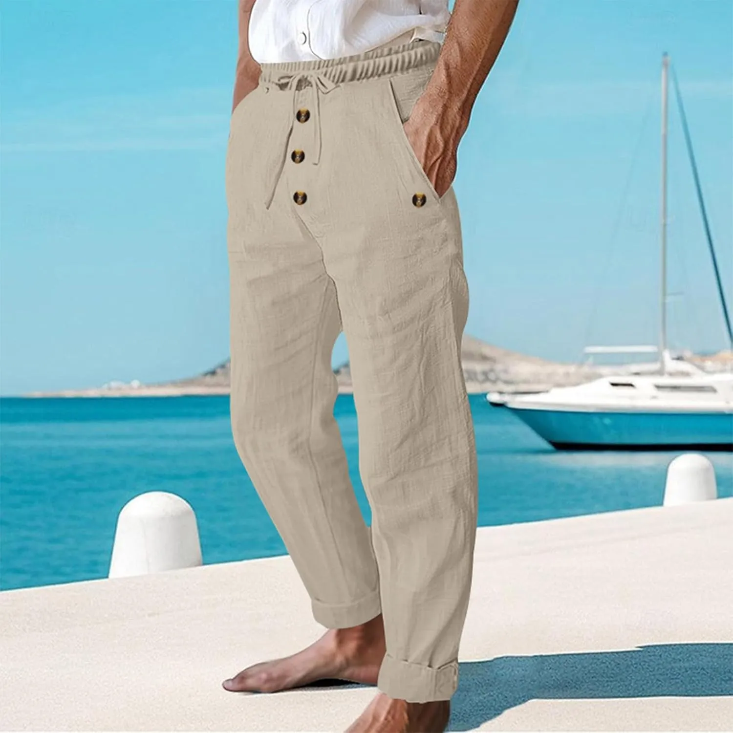 Mens Casual Linen Pants Drawstring Button Flat Front Elastic Waist Straight Summer Lightweight Comfy Beach Pants
