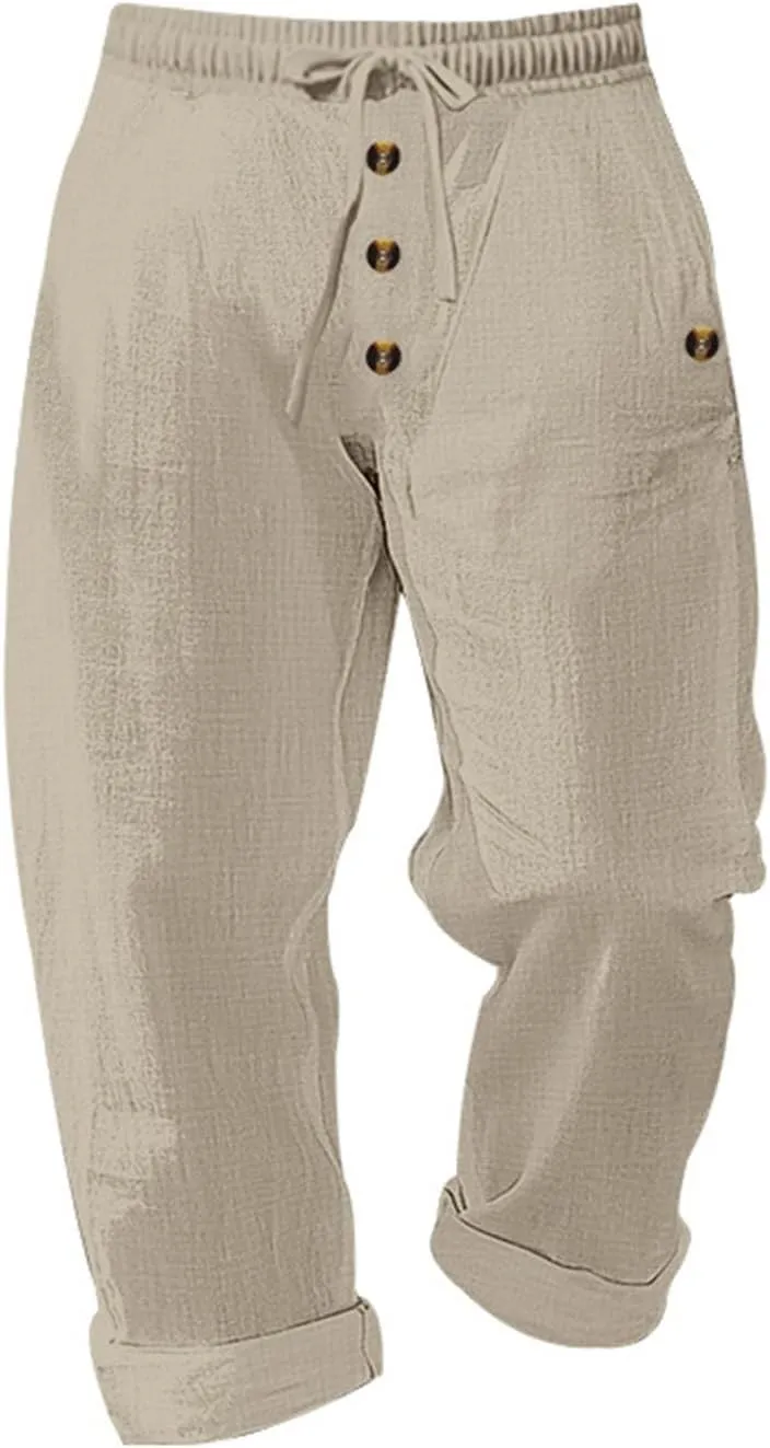 Mens Casual Linen Pants Drawstring Button Flat Front Elastic Waist Straight Summer Lightweight Comfy Beach Pants