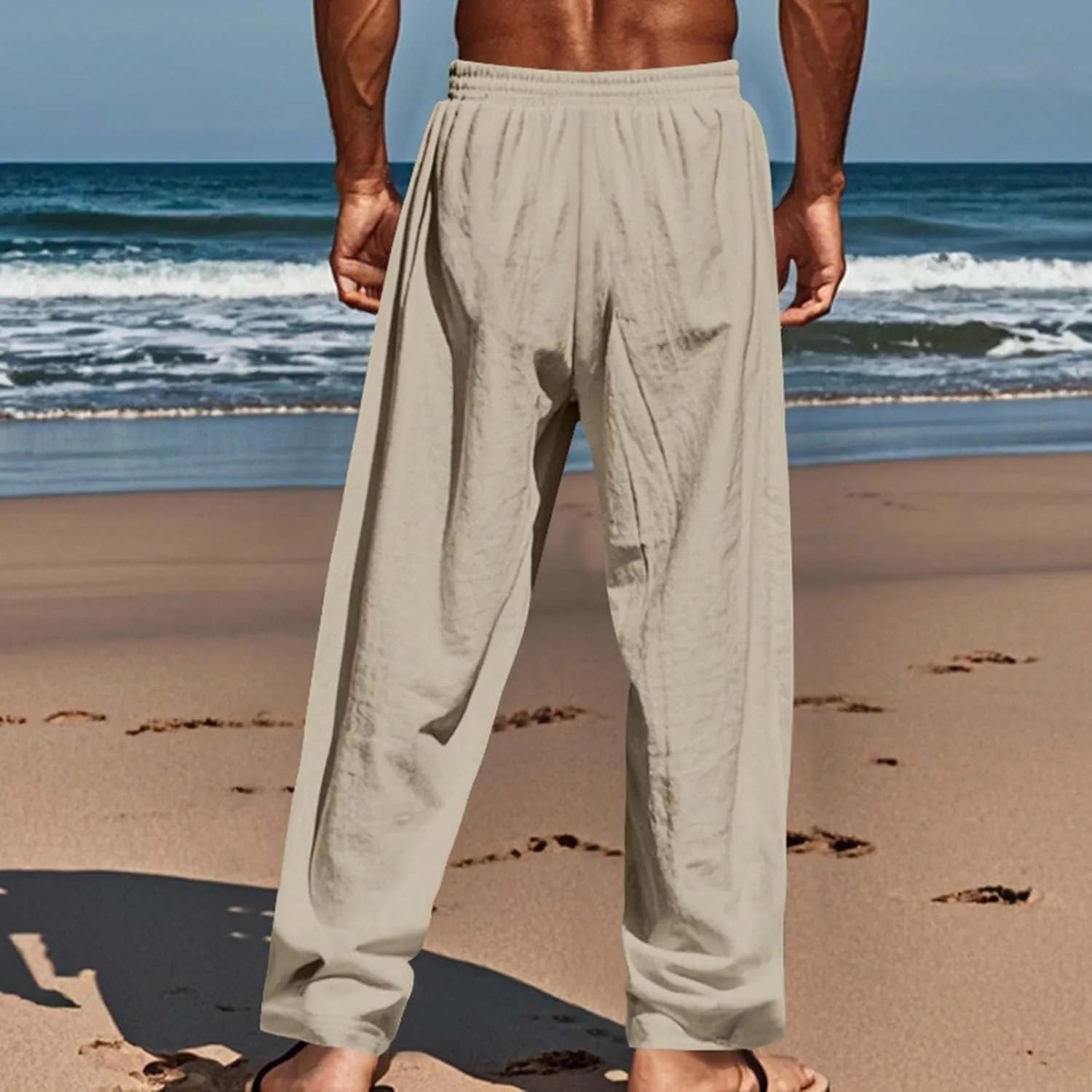 Mens Casual Linen Pants Drawstring Button Flat Front Elastic Waist Straight Summer Lightweight Comfy Beach Pants