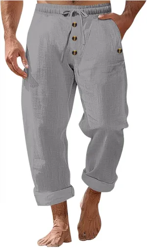 Mens Casual Linen Pants Drawstring Button Flat Front Elastic Waist Straight Summer Lightweight Comfy Beach Pants
