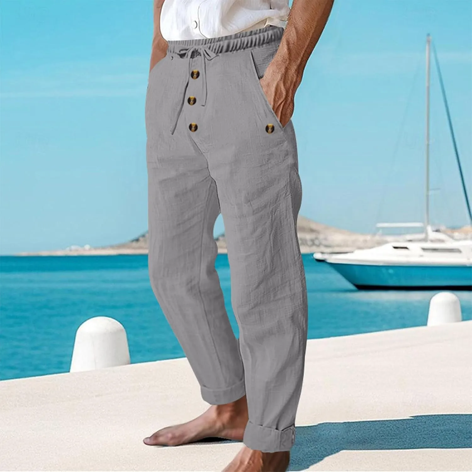 Mens Casual Linen Pants Drawstring Button Flat Front Elastic Waist Straight Summer Lightweight Comfy Beach Pants
