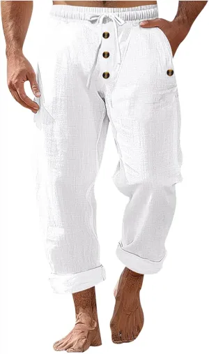 Mens Casual Linen Pants Drawstring Button Flat Front Elastic Waist Straight Summer Lightweight Comfy Beach Pants