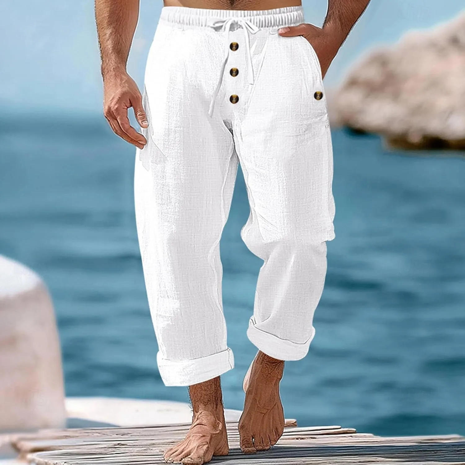 Mens Casual Linen Pants Drawstring Button Flat Front Elastic Waist Straight Summer Lightweight Comfy Beach Pants