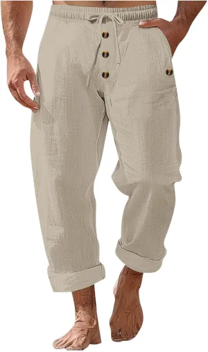 Mens Casual Linen Pants Drawstring Button Flat Front Elastic Waist Straight Summer Lightweight Comfy Beach Pants