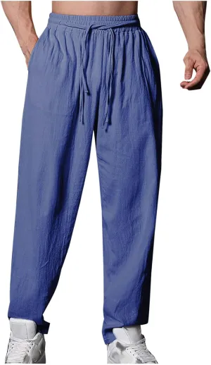 Mens Casual Linen Pants Loose Fit Drawstring Beach Pants with Pockets Lightweight Summer Clothes for Vacation