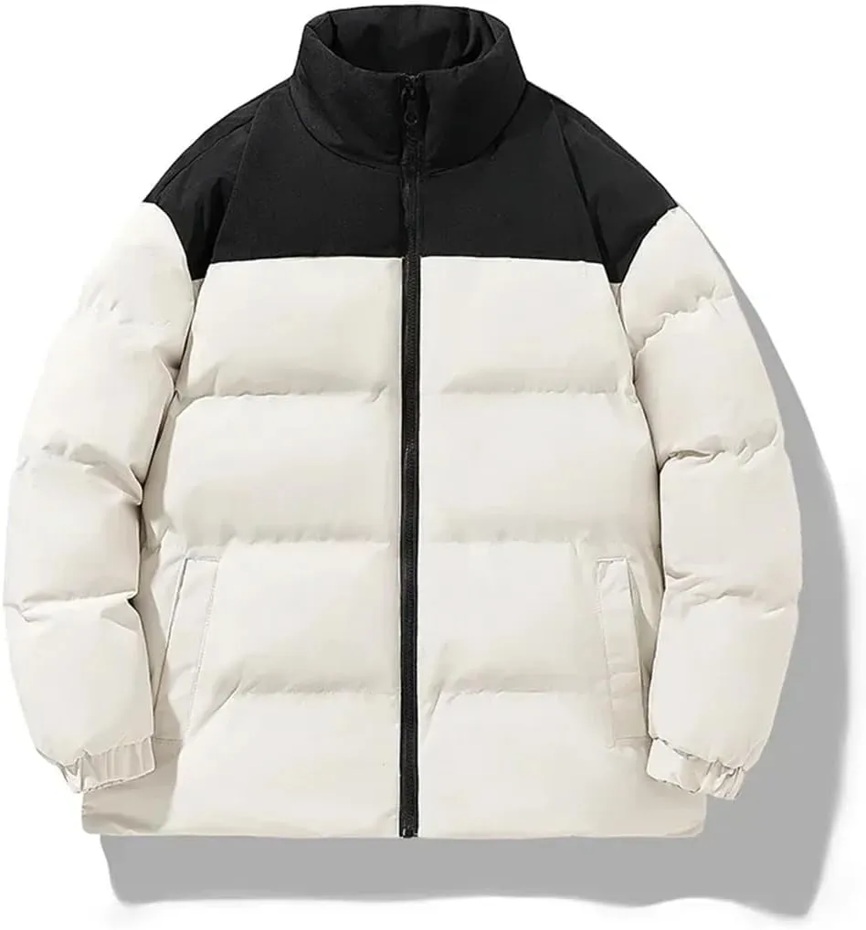 Men's Classic Splicing Stand Collar Windproof Parka Down Cotton Padded Coat Jacket
