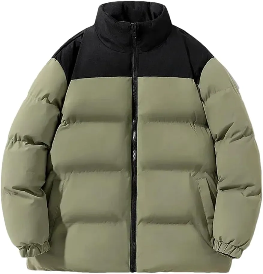 Men's Classic Splicing Stand Collar Windproof Parka Down Cotton Padded Coat Jacket