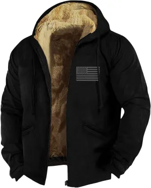 Mens Coat Sherpa Fleece Lined Hoodies Full Zipper Coats Winter Warm Jackets Vintage Printed Outwear