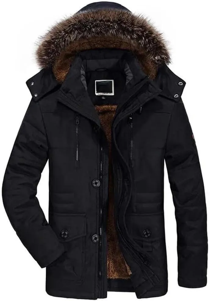 Men's Cotton Padded Warm Long Parka Coat Winter Casual Hooded Fleece Jacket Windbreaker