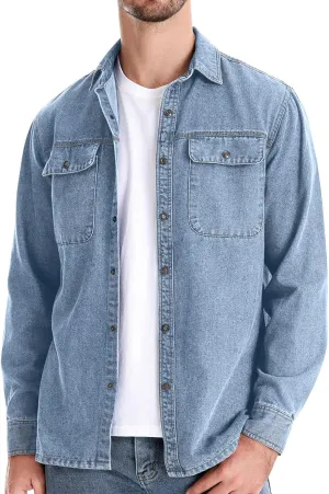 Mens Denim Jacket Solid Button Down Denim Shirt Casual Pockets Long Sleeve Washed Coat Fashion Slim Cowboy Coat
