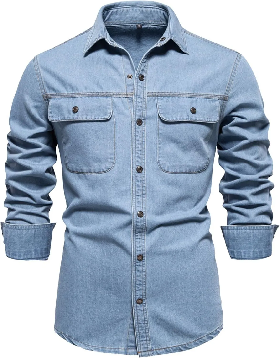 Mens Denim Jacket Solid Button Down Denim Shirt Casual Pockets Long Sleeve Washed Coat Fashion Slim Cowboy Coat