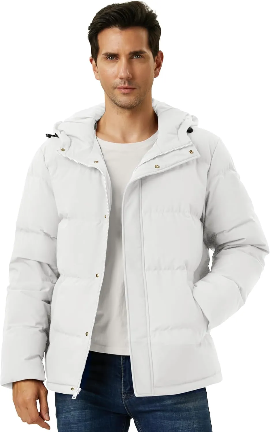 Men's Down Puffer Jacket Hooded Water-Resistant Windproof Jackets Full Zip Winter Thicken Thermal Puffy Coat