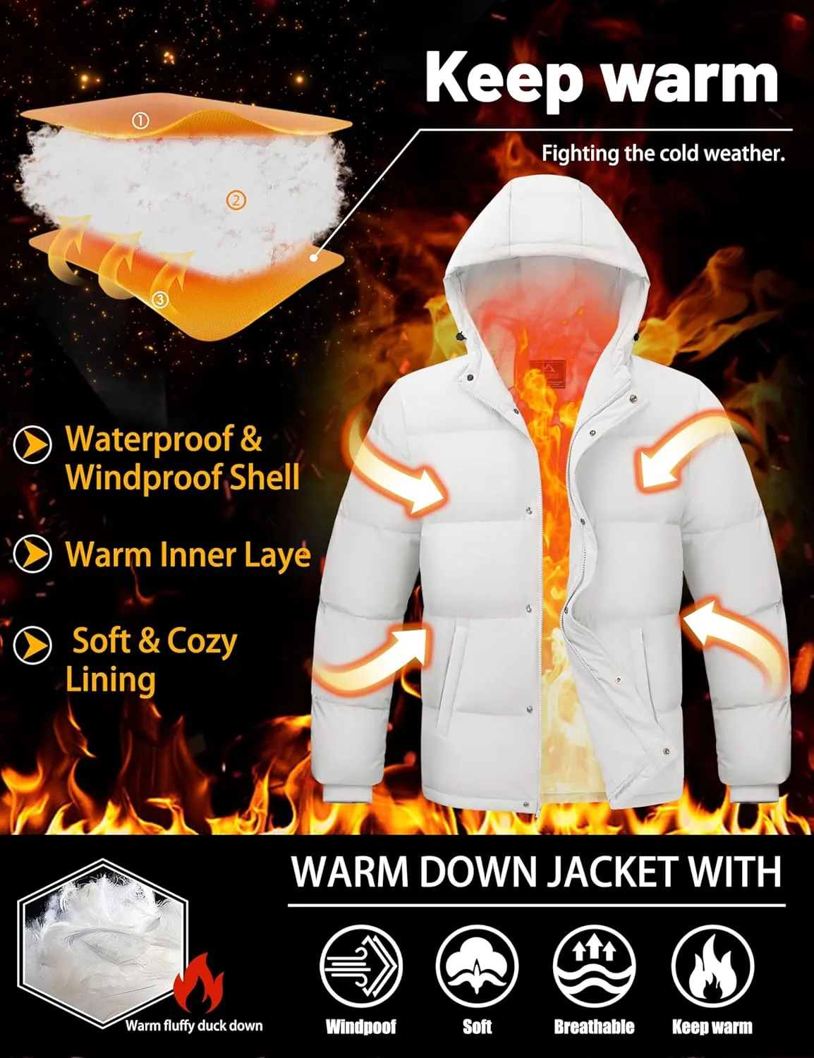 Men's Down Puffer Jacket Hooded Water-Resistant Windproof Jackets Full Zip Winter Thicken Thermal Puffy Coat