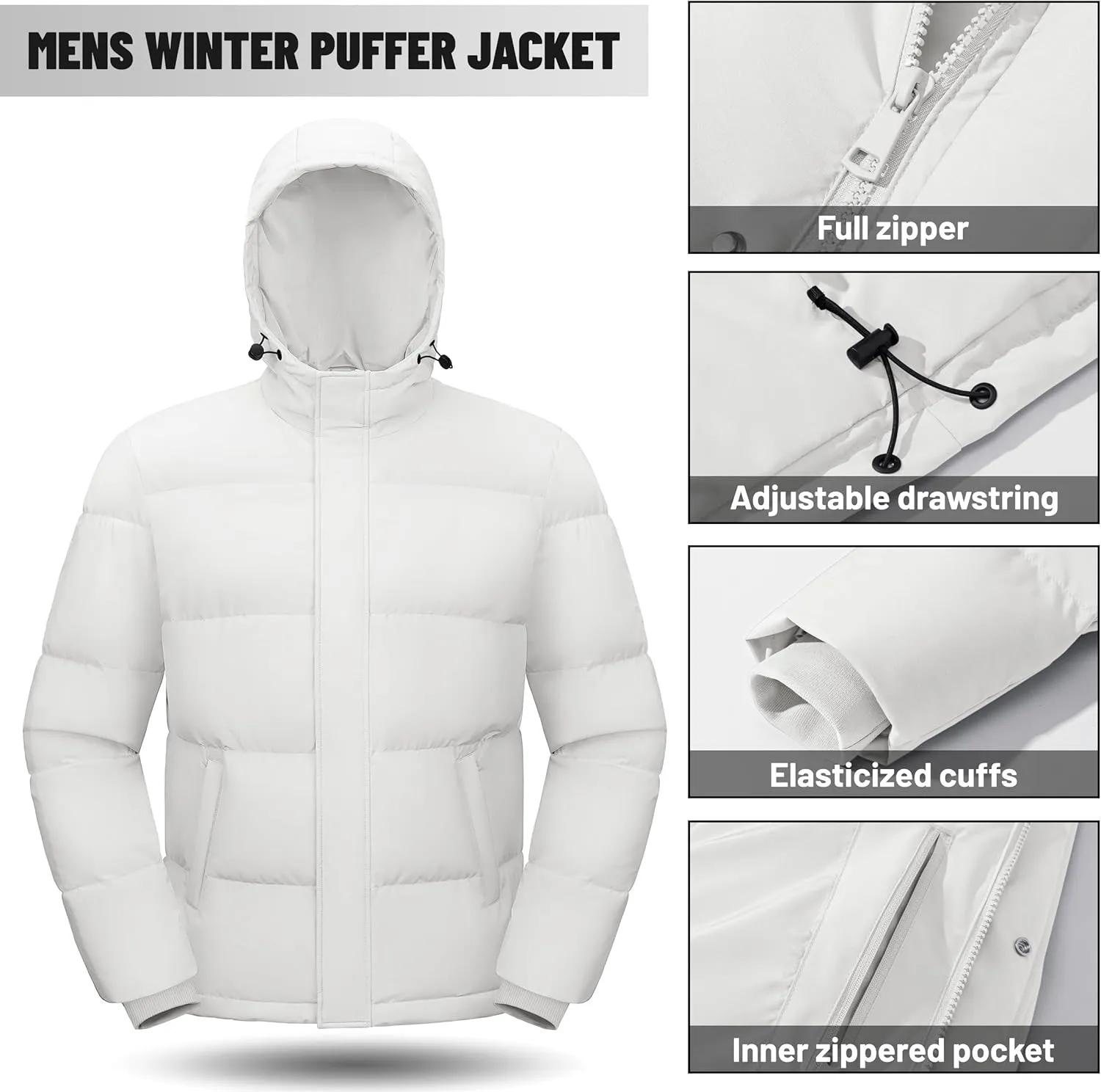 Men's Down Puffer Jacket Hooded Water-Resistant Windproof Jackets Full Zip Winter Thicken Thermal Puffy Coat