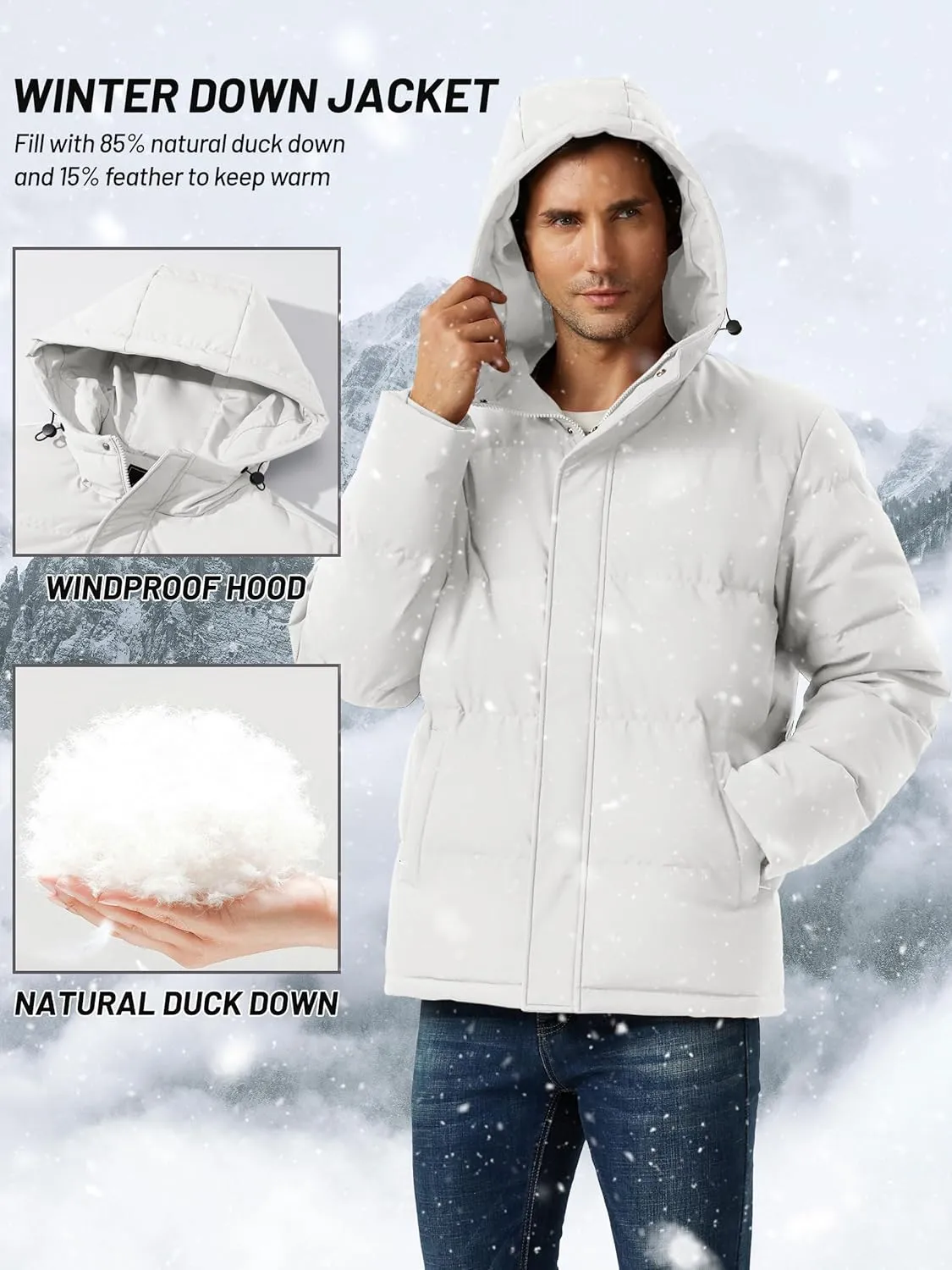 Men's Down Puffer Jacket Hooded Water-Resistant Windproof Jackets Full Zip Winter Thicken Thermal Puffy Coat