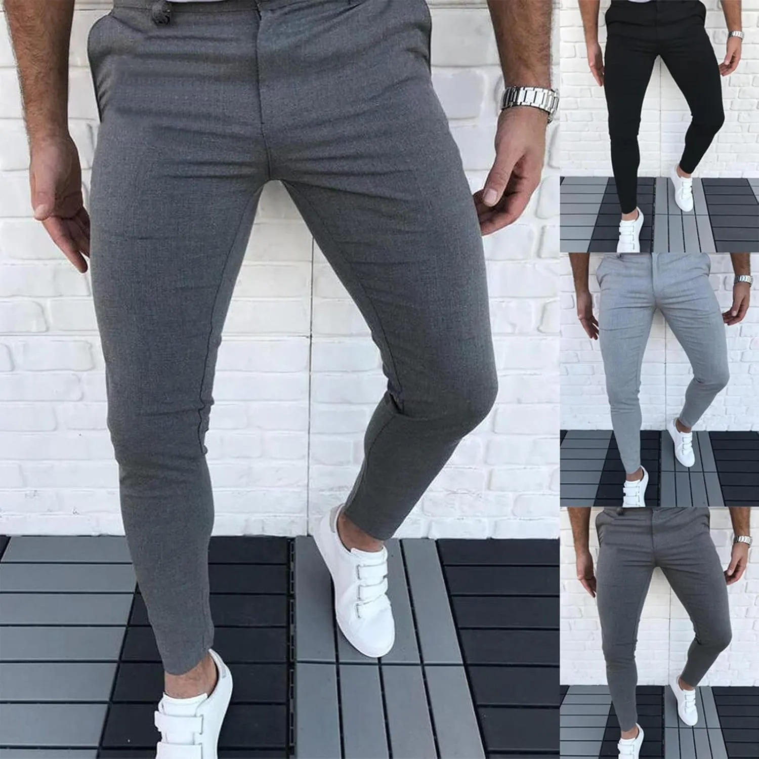 Men's Fashion Stretch Dress Pants Slim Fit Plaid Skinny Long Pants Casual Business Golf Dress Pants
