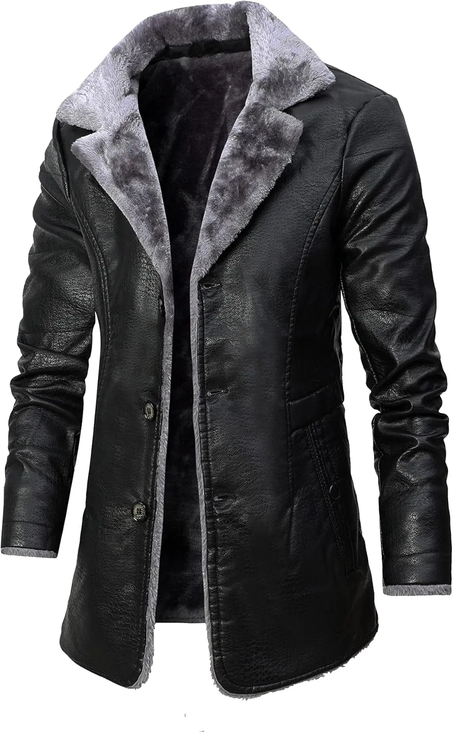 Men's Faux Leather Jacket Thick Faux Fur Shearling Lapel Collar Botton Down Long Trench Coats Black Brown