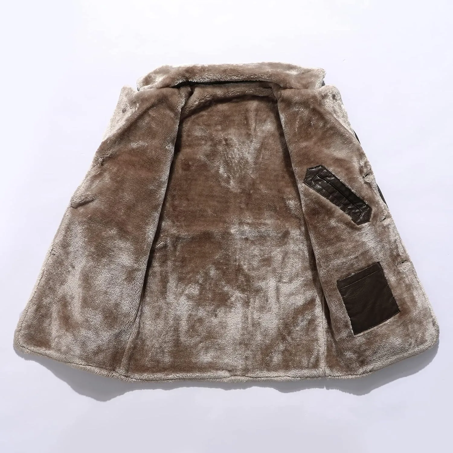 Men's Faux Leather Jacket Thick Faux Fur Shearling Lapel Collar Botton Down Long Trench Coats Black Brown