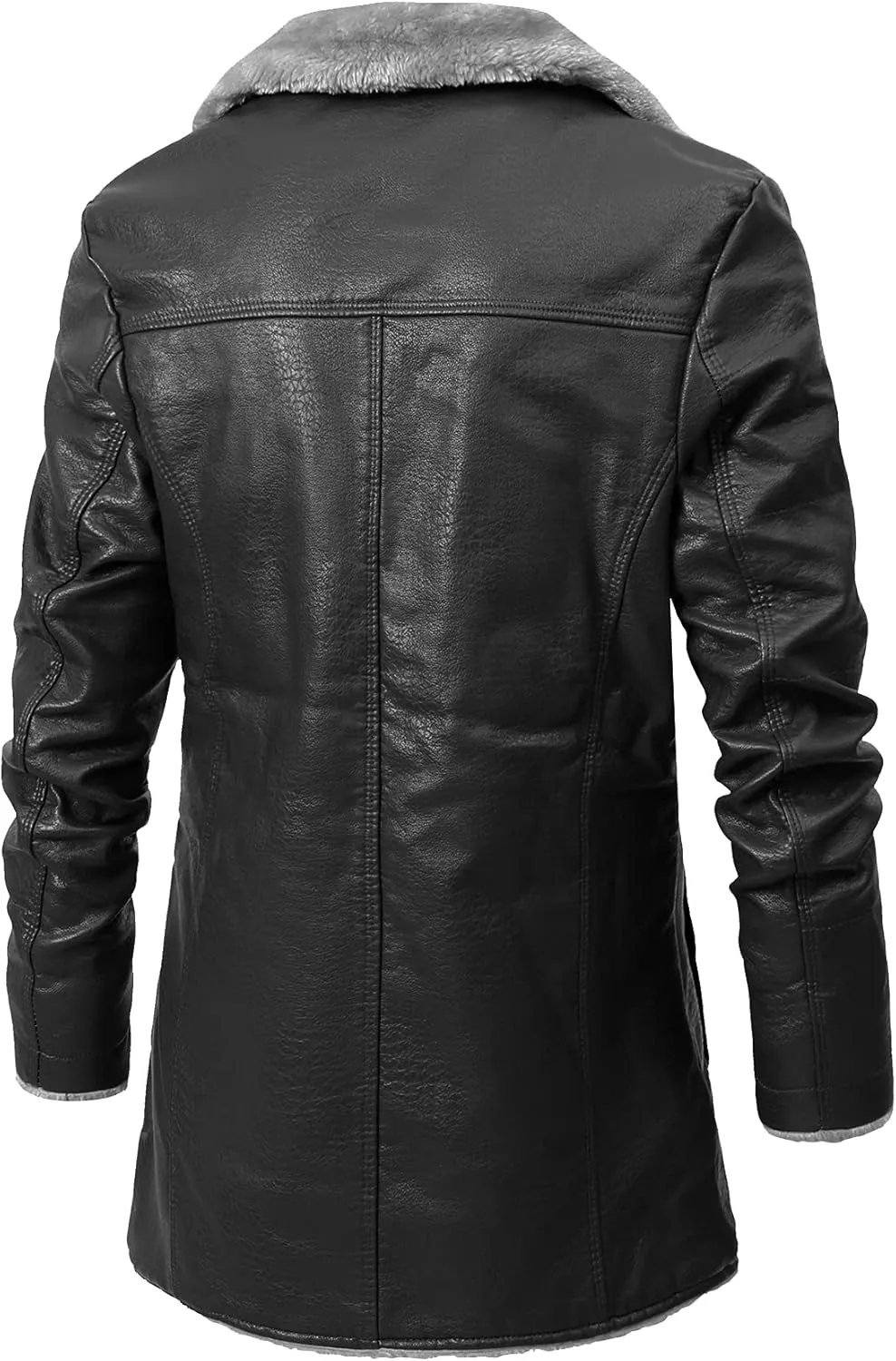 Men's Faux Leather Jacket Thick Faux Fur Shearling Lapel Collar Botton Down Long Trench Coats Black Brown