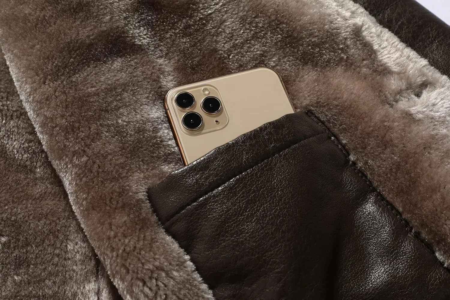 Men's Faux Leather Jacket Thick Faux Fur Shearling Lapel Collar Botton Down Long Trench Coats Black Brown