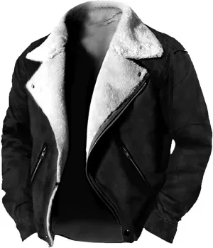 Mens Faux Suede Leather Jackets Spread Collar Motorcycle Sherpa Bomber Jackets Notch Lapel Biker Motorcycle Zip Up Coats