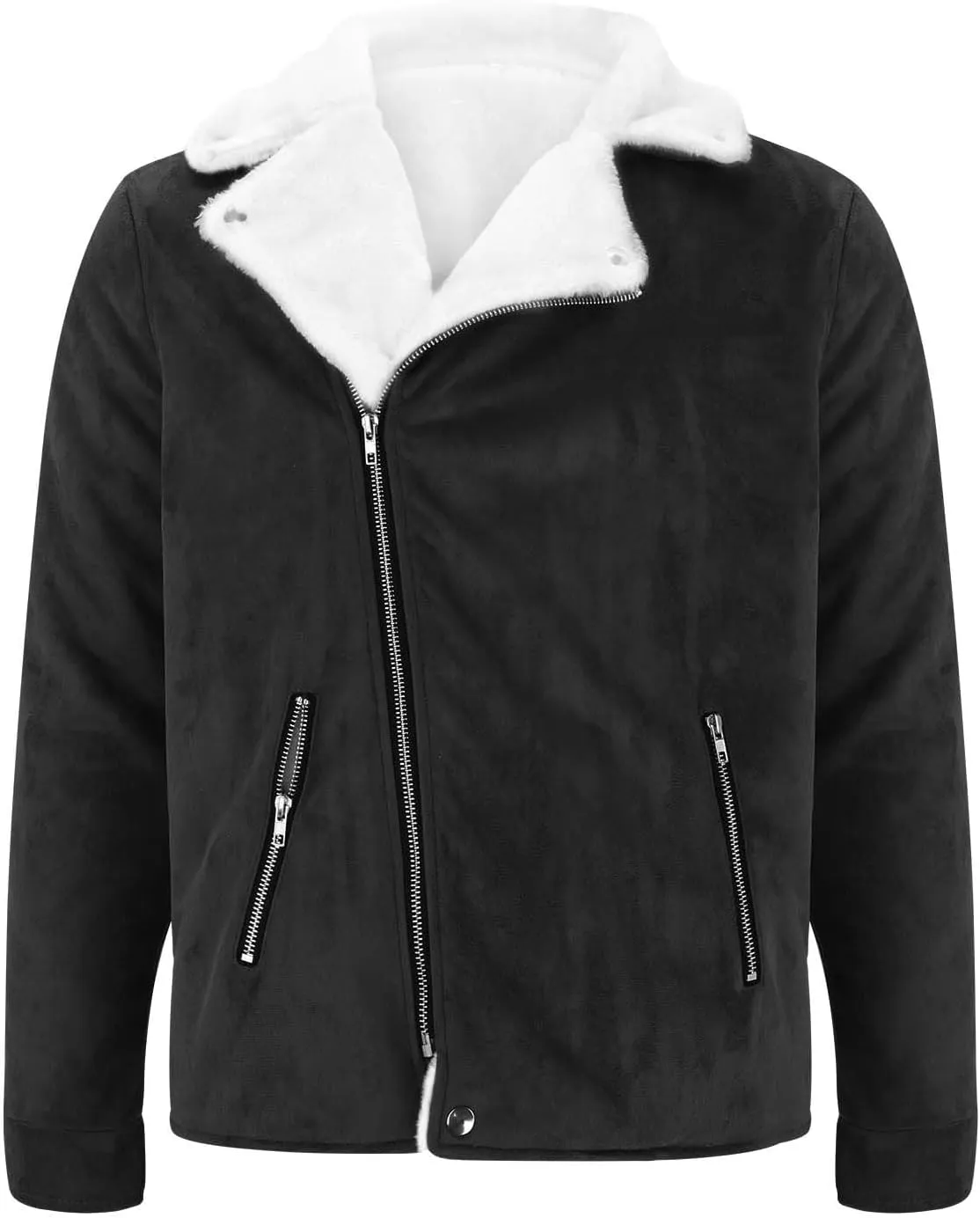 Mens Faux Suede Leather Jackets Spread Collar Motorcycle Sherpa Bomber Jackets Notch Lapel Biker Motorcycle Zip Up Coats