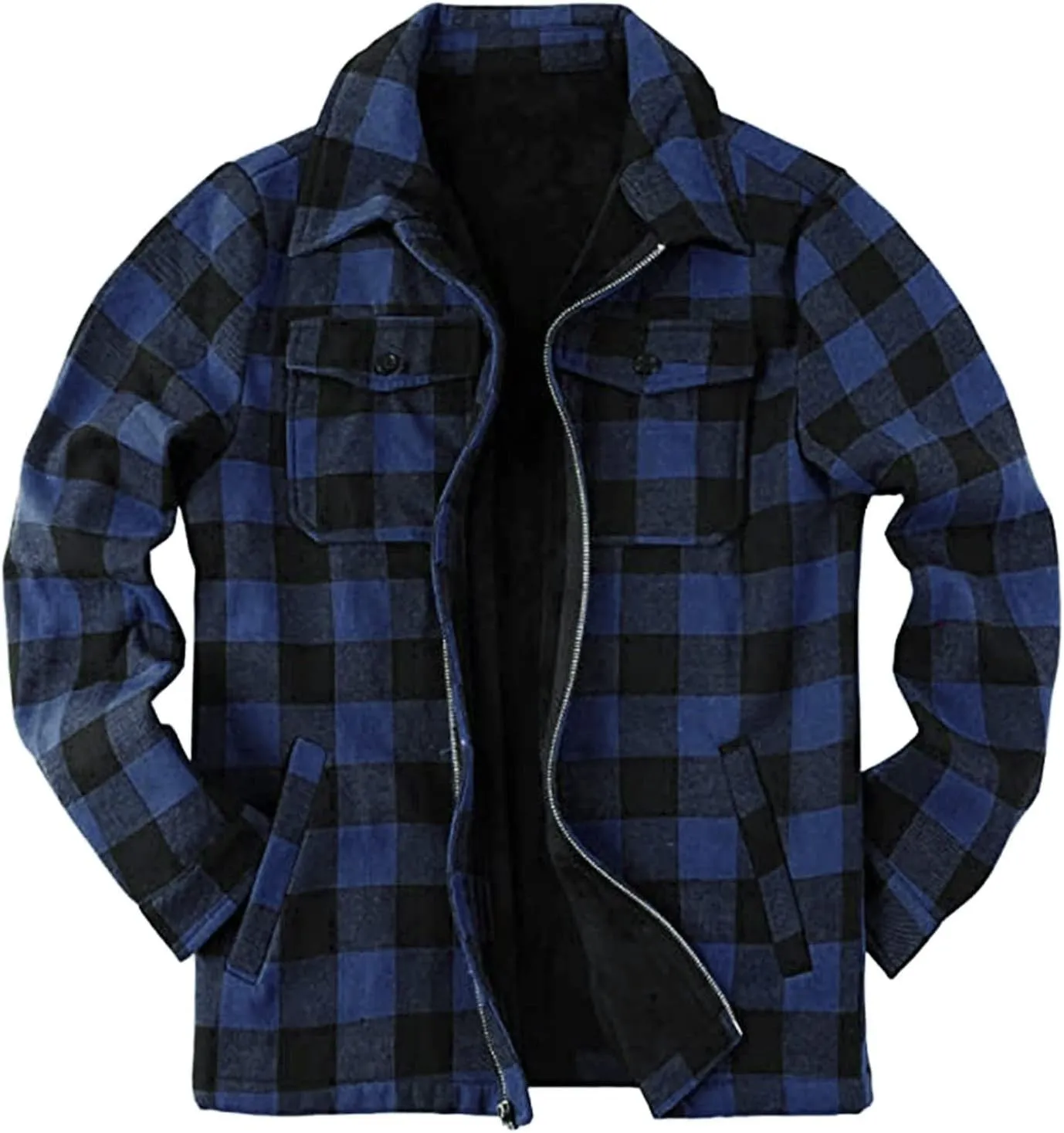 Mens Fleece Flannel Plaid Shirt Jacket Outwear Winter Coats Sherpa Lined Full Zip Hooded Plaid Shirt Jacket Thermal Coat