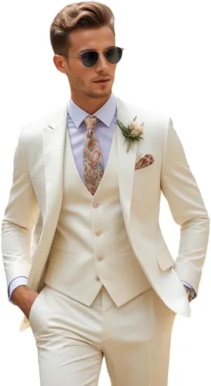 Men's Ivory 3 Piece Suit, Slim fit Wedding 3pc Groom Suit Elegant Party Wear Blazer Vest Pant Set