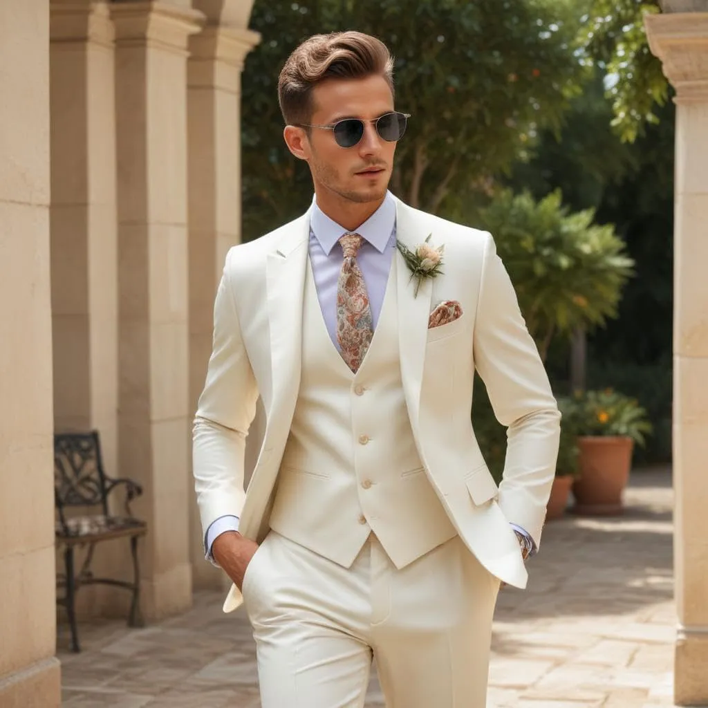 Men's Ivory 3 Piece Suit, Slim fit Wedding 3pc Groom Suit Elegant Party Wear Blazer Vest Pant Set