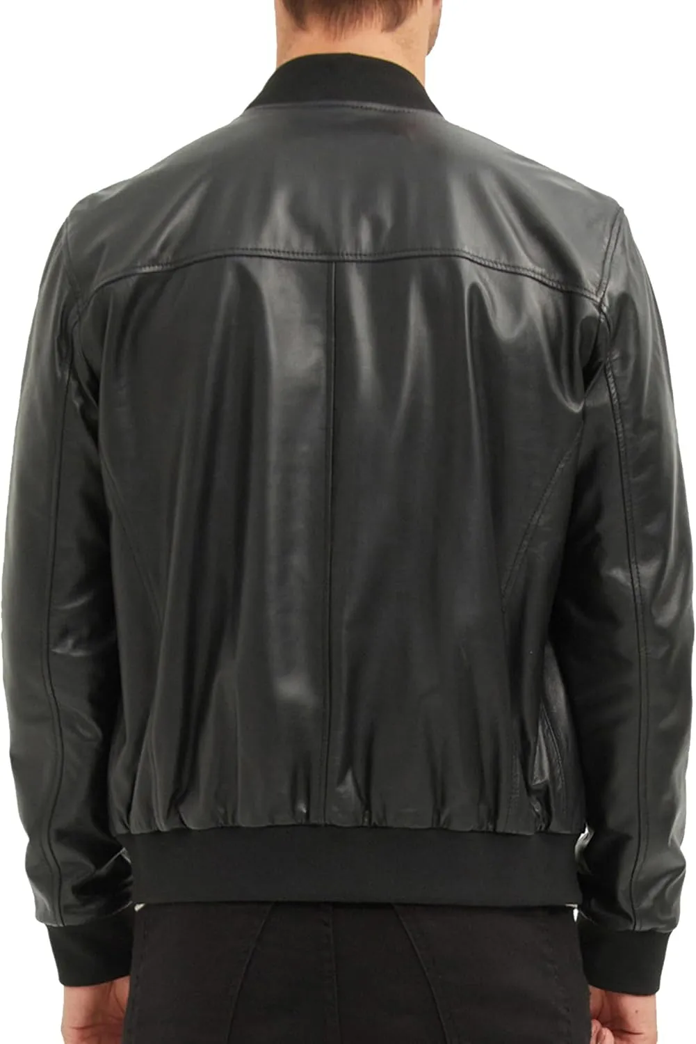 Men's Leather Bomber Jacket - Genuine Lambskin Leather Jacket for Men - Black