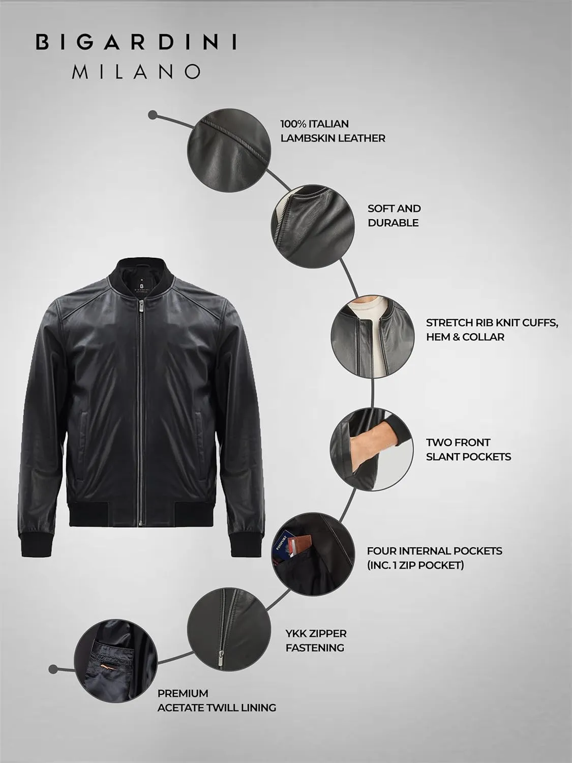 Men's Leather Bomber Jacket - Genuine Lambskin Leather Jacket for Men - Black