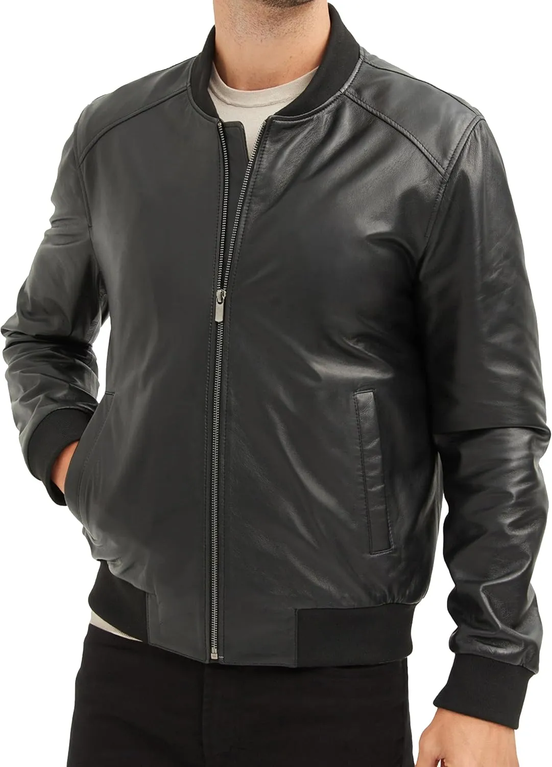 Men's Leather Bomber Jacket - Genuine Lambskin Leather Jacket for Men - Black