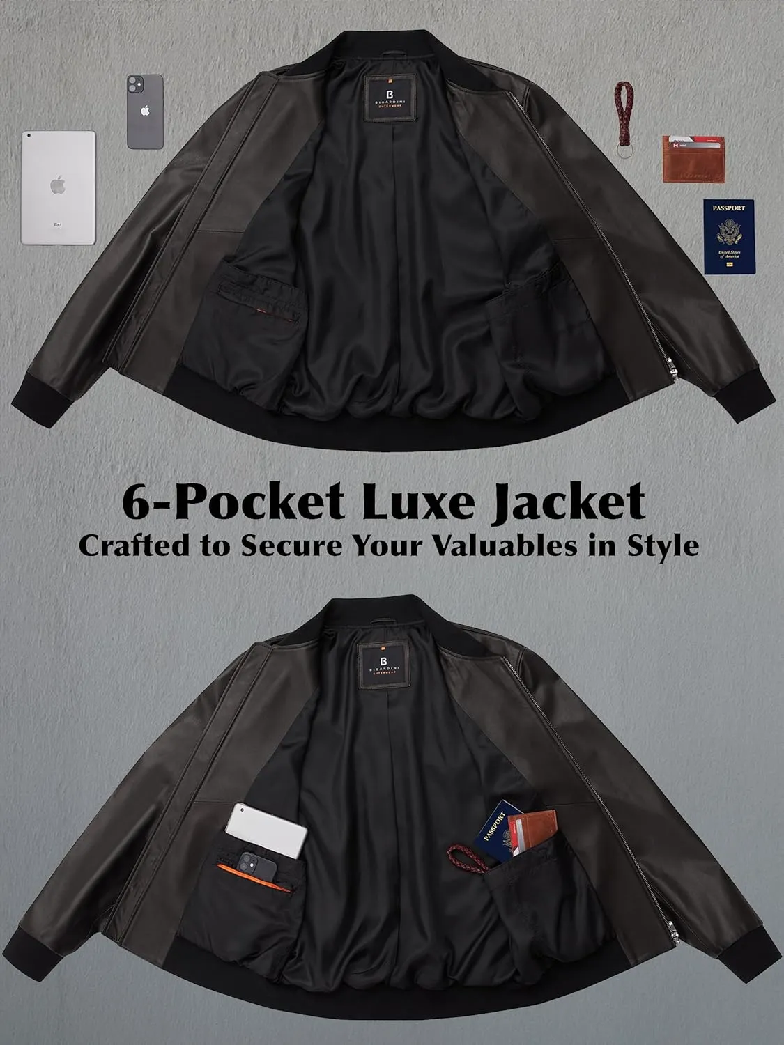 Men's Leather Bomber Jacket - Genuine Lambskin Leather Jacket for Men - Black