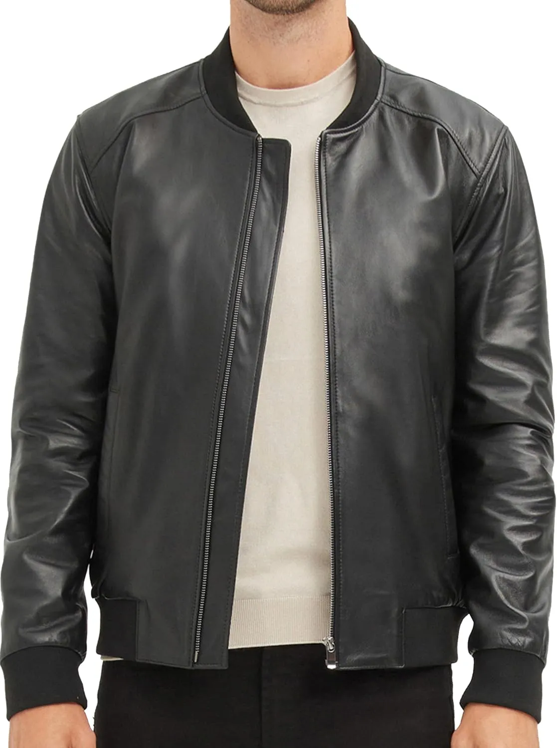 Men's Leather Bomber Jacket - Genuine Lambskin Leather Jacket for Men - Black
