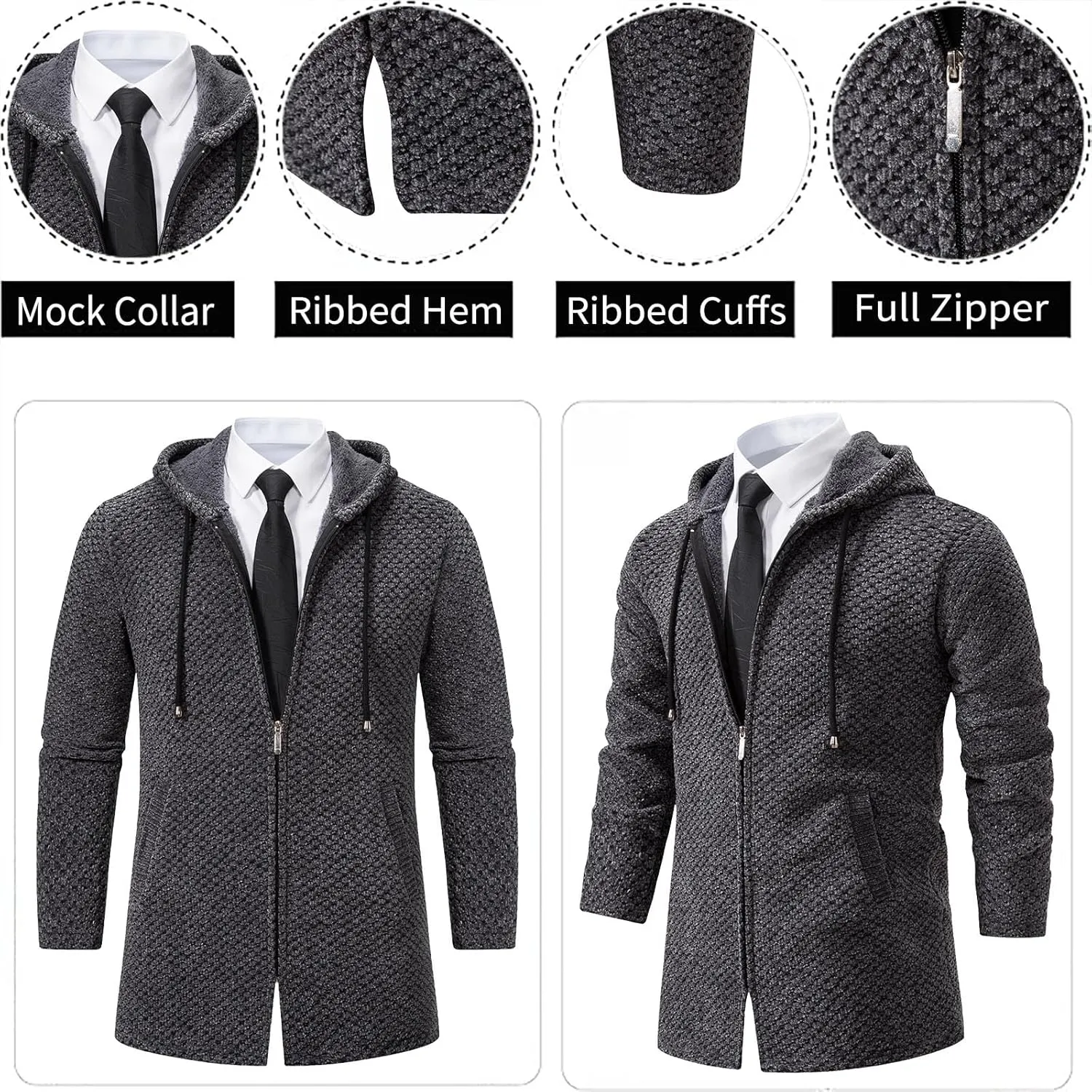 Mens Long Cardigan Hoodies Full Zip Fleece Lined Sweaters Fashion Knitted Men Regular Fit Sweater Hooded Coat