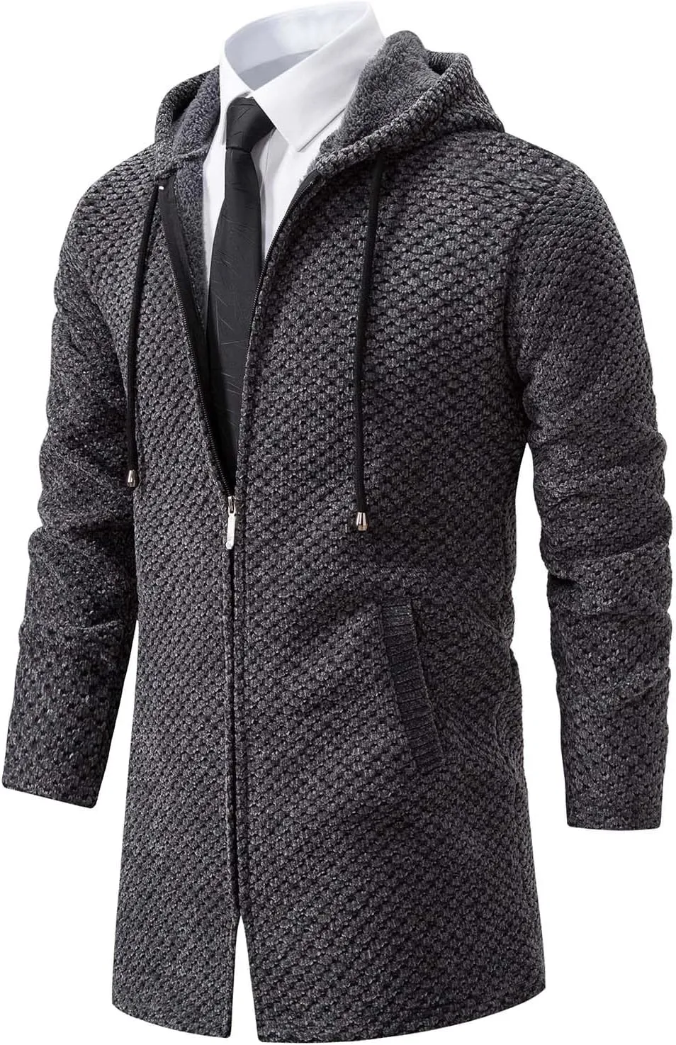 Mens Long Cardigan Hoodies Full Zip Fleece Lined Sweaters Fashion Knitted Men Regular Fit Sweater Hooded Coat