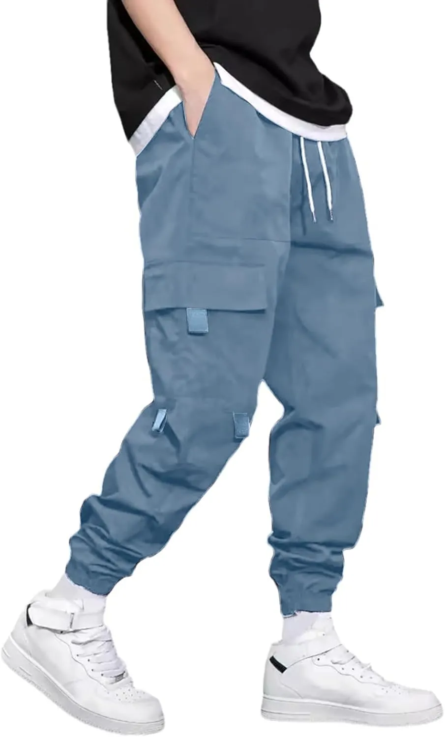 Men's Outdoor Cargo Pants Lightweight Elastic Waist Pants with Multi-Pocket Slim Drawstring Active Trousers