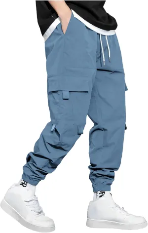 Men's Outdoor Cargo Pants Lightweight Elastic Waist Pants with Multi-Pocket Slim Drawstring Active Trousers