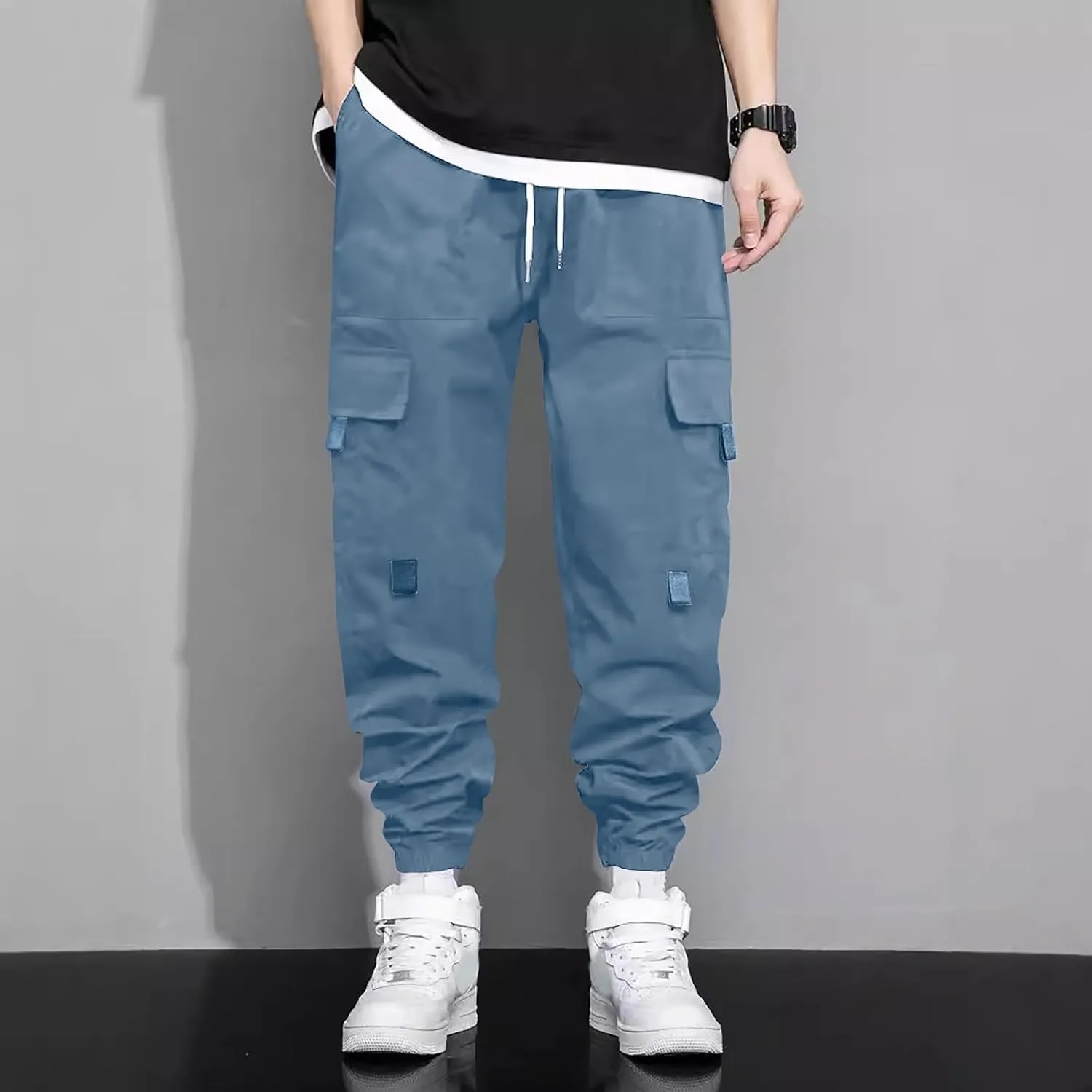 Men's Outdoor Cargo Pants Lightweight Elastic Waist Pants with Multi-Pocket Slim Drawstring Active Trousers