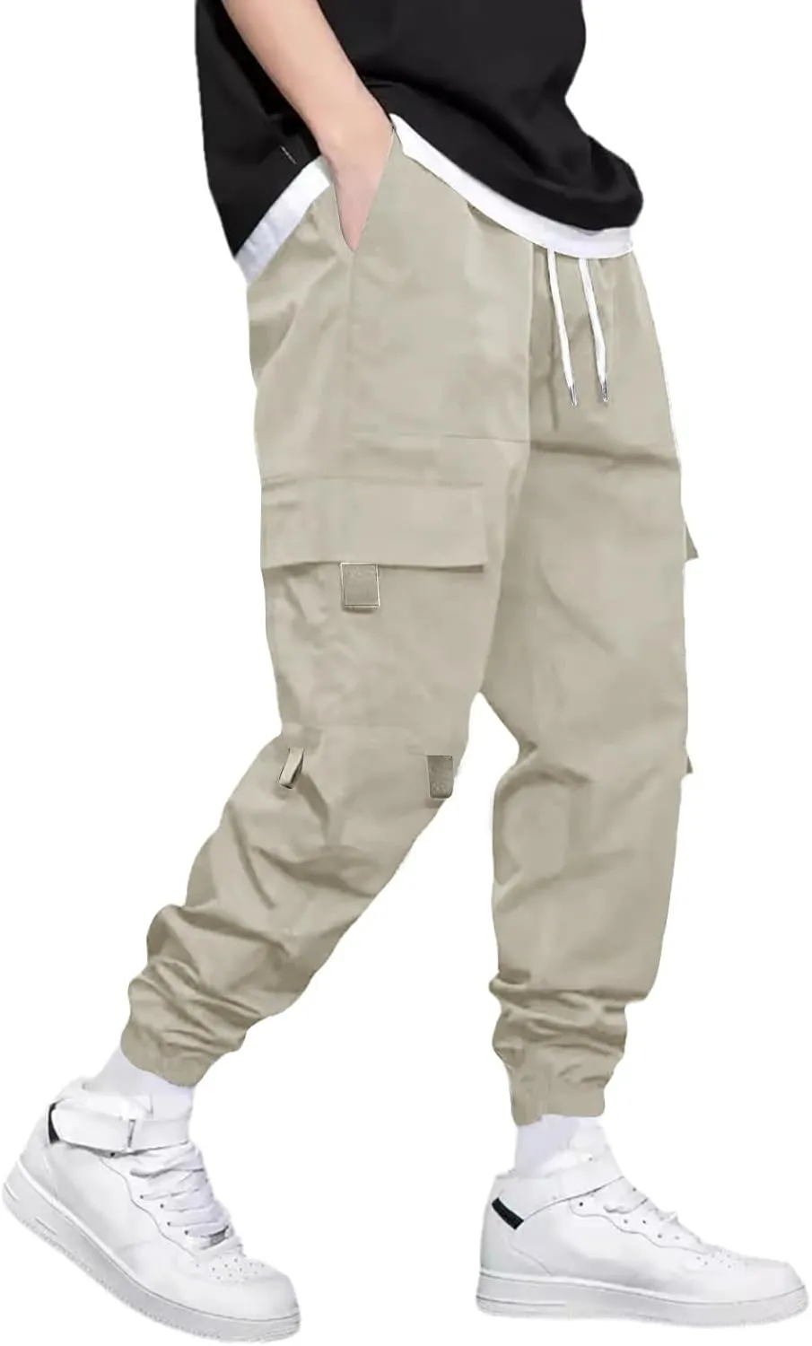 Men's Outdoor Cargo Pants Lightweight Elastic Waist Pants with Multi-Pocket Slim Drawstring Active Trousers