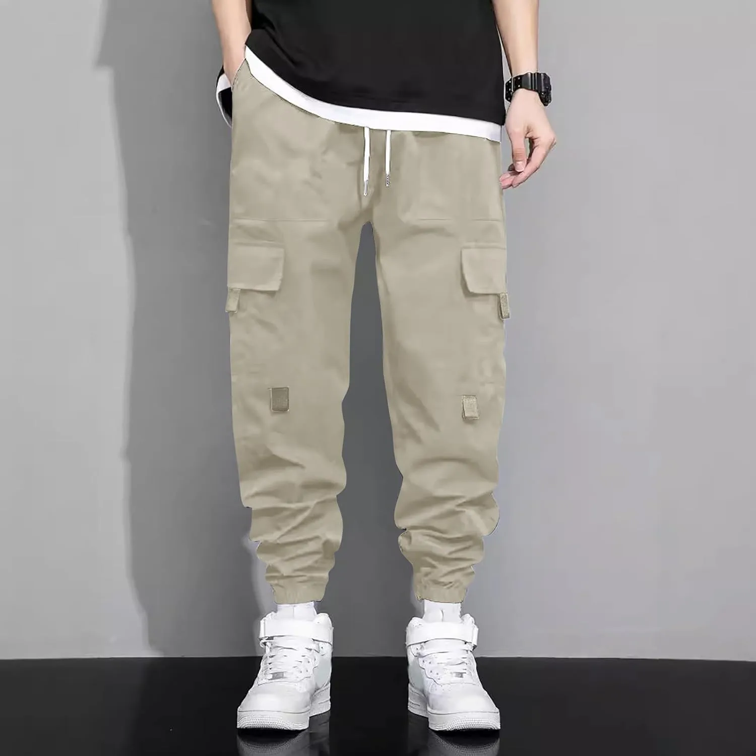 Men's Outdoor Cargo Pants Lightweight Elastic Waist Pants with Multi-Pocket Slim Drawstring Active Trousers