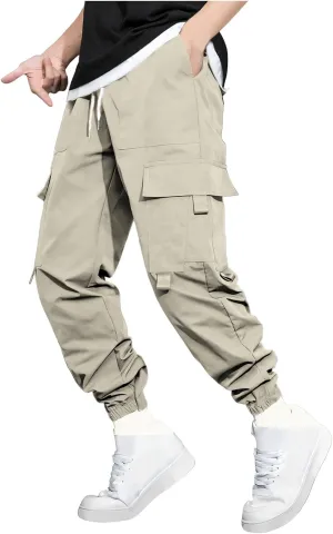 Men's Outdoor Cargo Pants Lightweight Elastic Waist Pants with Multi-Pocket Slim Drawstring Active Trousers