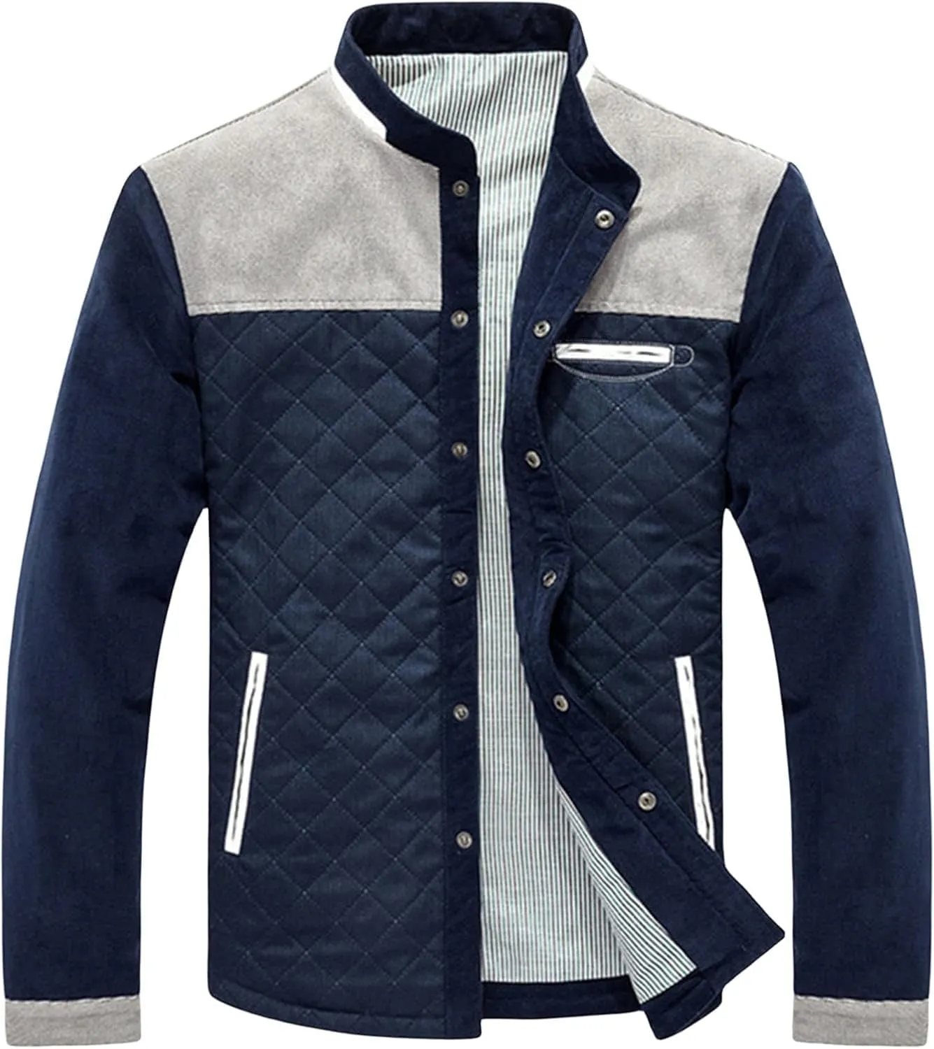 Men's Puffer Down Jacket Diamond Quilted Winter Warm Business Casual Button Down Shirts Pockets