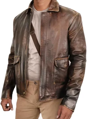 Mens Raider of The Lost Ark Distressed Brown Leather Bomber Jacket Harrison American Vintage Genuine Leather Coat