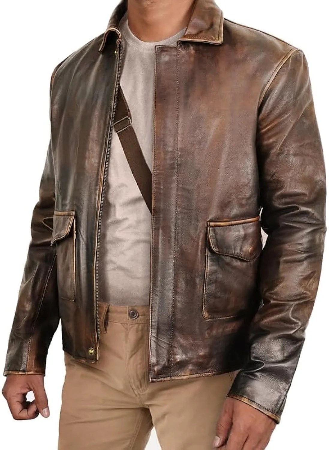 Mens Raider of The Lost Ark Distressed Brown Leather Bomber Jacket Harrison American Vintage Genuine Leather Coat
