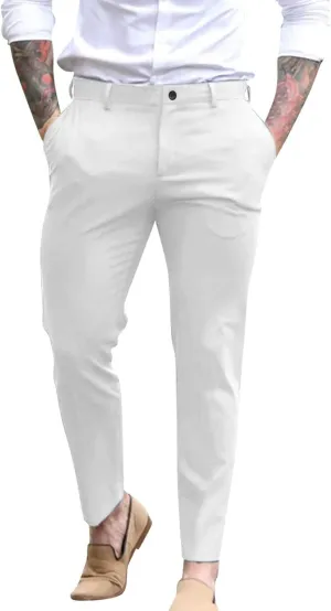 Mens Slim Fit Dress Pants Expandable Waist Casual Business Office Work Skinny Pants Comfy Flat-Front Stretch Chino Golf Trousers Slacks Tapered Leg Suit Pants Pantalones de Vestir para Hombre White